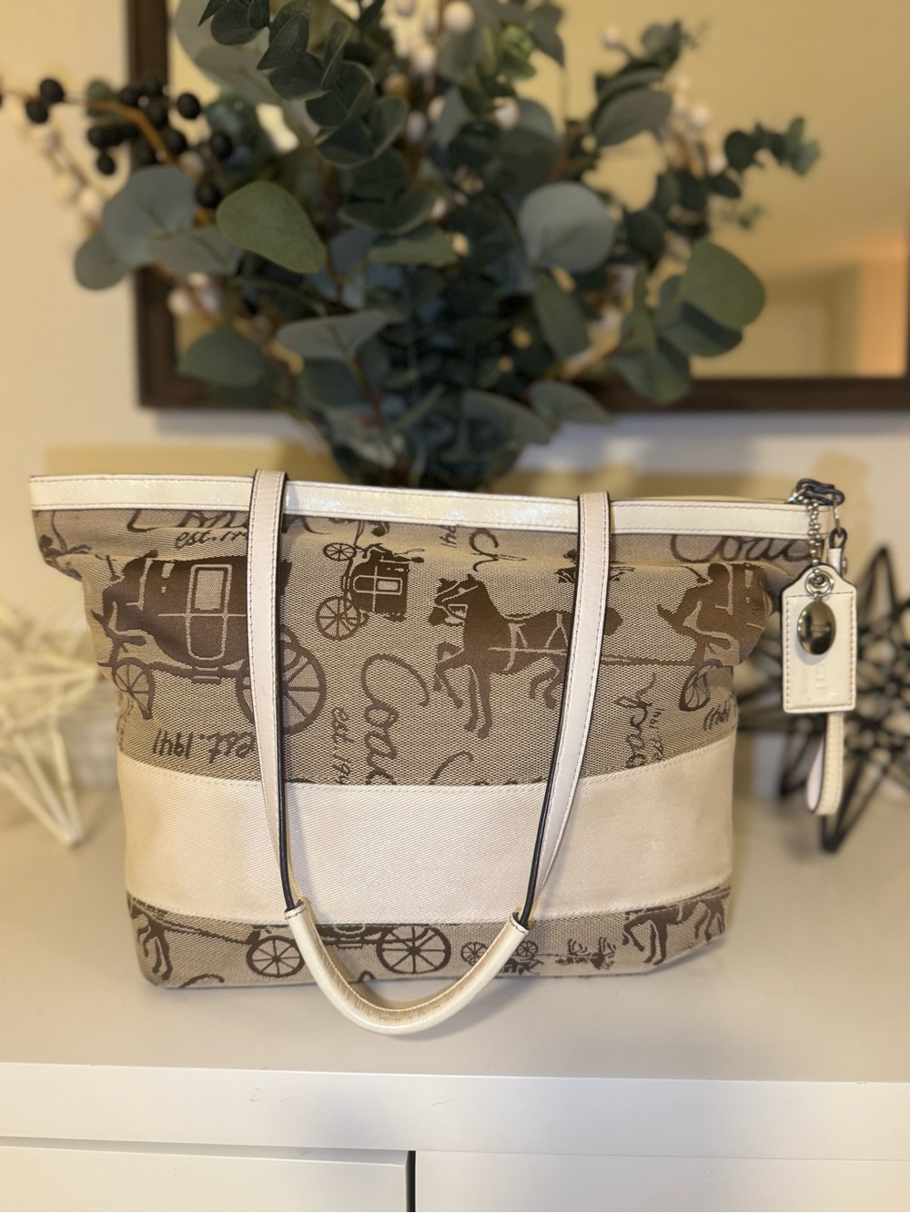Coach Beige Canvas Tote with Cream Leather Trim and Horse & Carriage Print